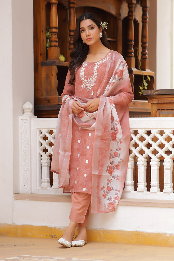 Women Linen Kurta Embroidered kurta set with solid pants & dupatta