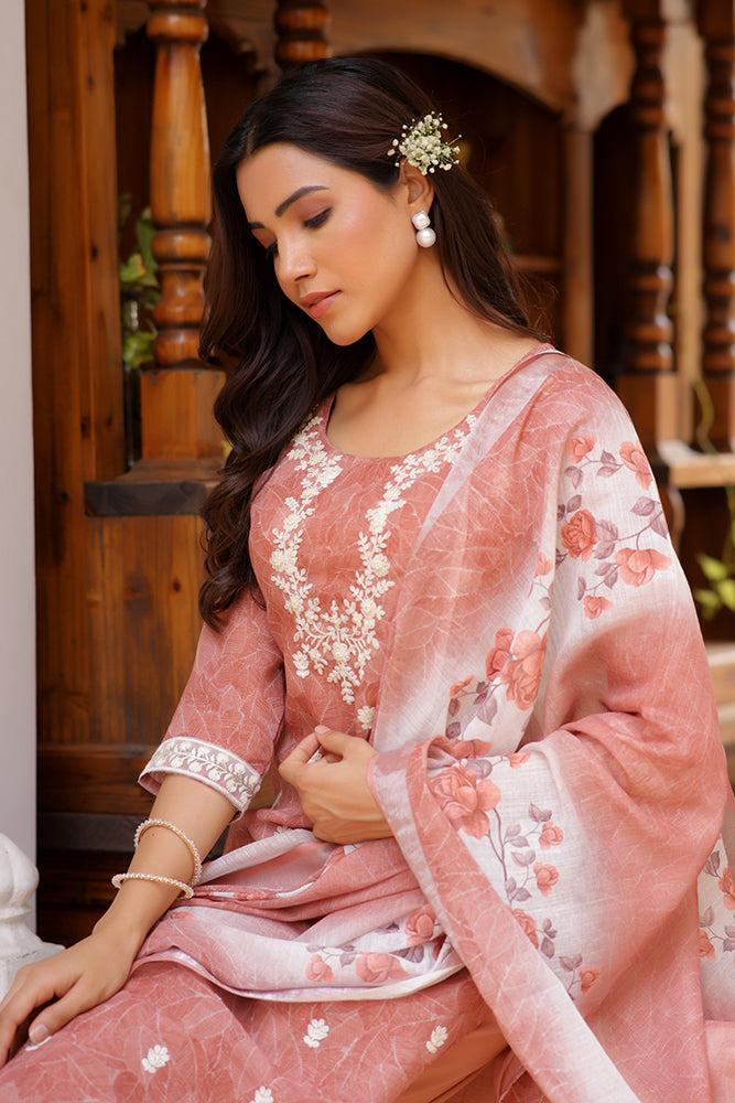 Women Linen Kurta Embroidered kurta set with solid pants & dupatta