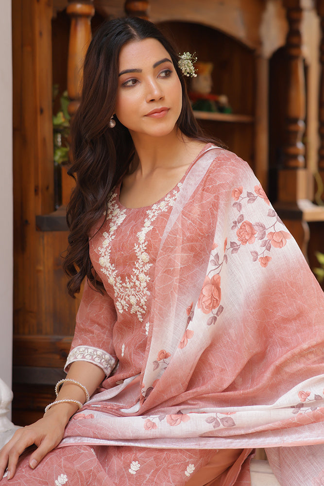 Women Linen Kurta Embroidered kurta set with solid pants & dupatta