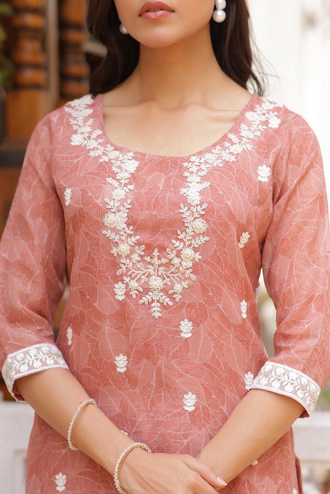 Women Linen Kurta Embroidered kurta set with solid pants & dupatta