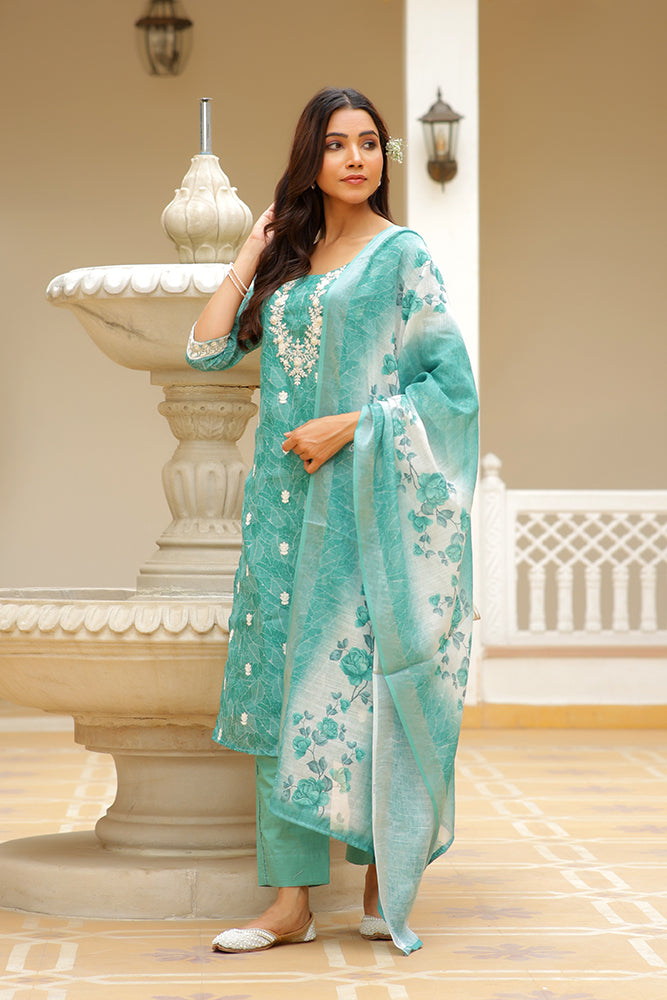 Women Linen Kurta Embroidered kurta set with solid pants & dupatta