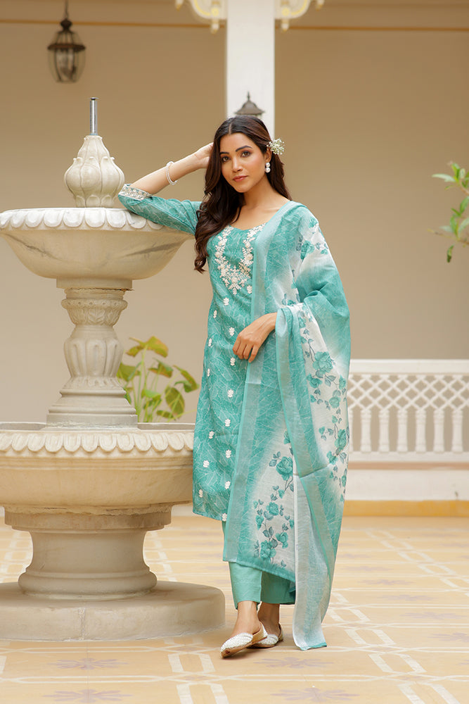 Women Linen Kurta Embroidered kurta set with solid pants & dupatta