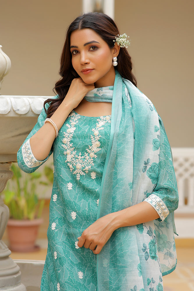 Women Linen Kurta Embroidered kurta set with solid pants & dupatta