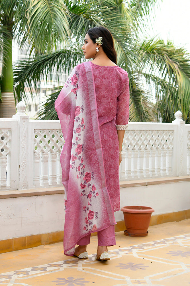 Women Linen Kurta Embroidered kurta set with solid pants & dupatta