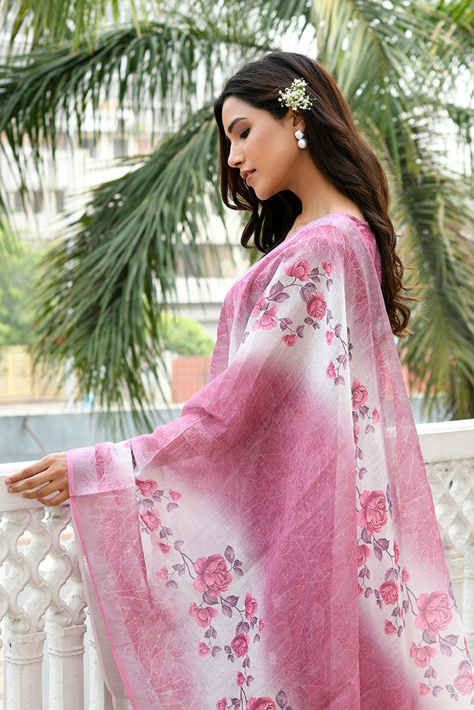 Women Linen Kurta Embroidered kurta set with solid pants & dupatta