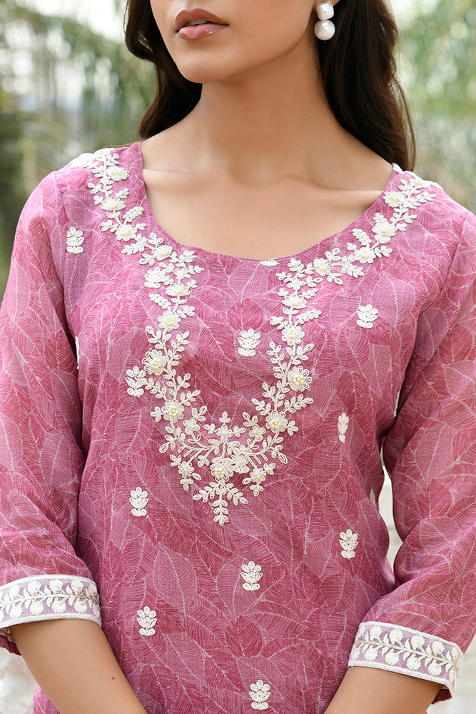 Women Linen Kurta Embroidered kurta set with solid pants & dupatta