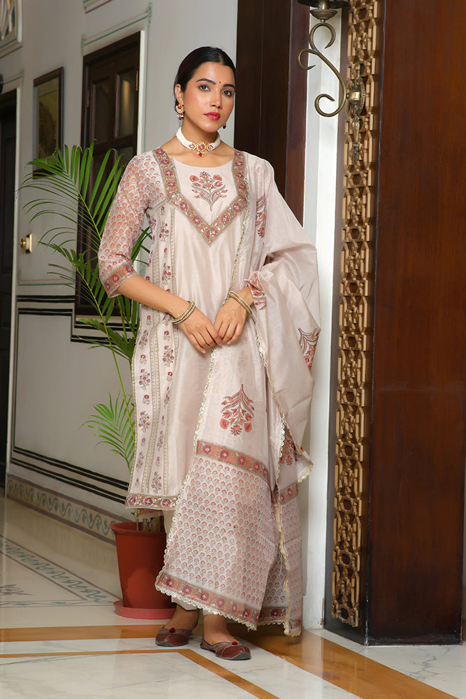 Women Grey Chanderi Block printed Embroidered kurta set with solid pants & dupatta