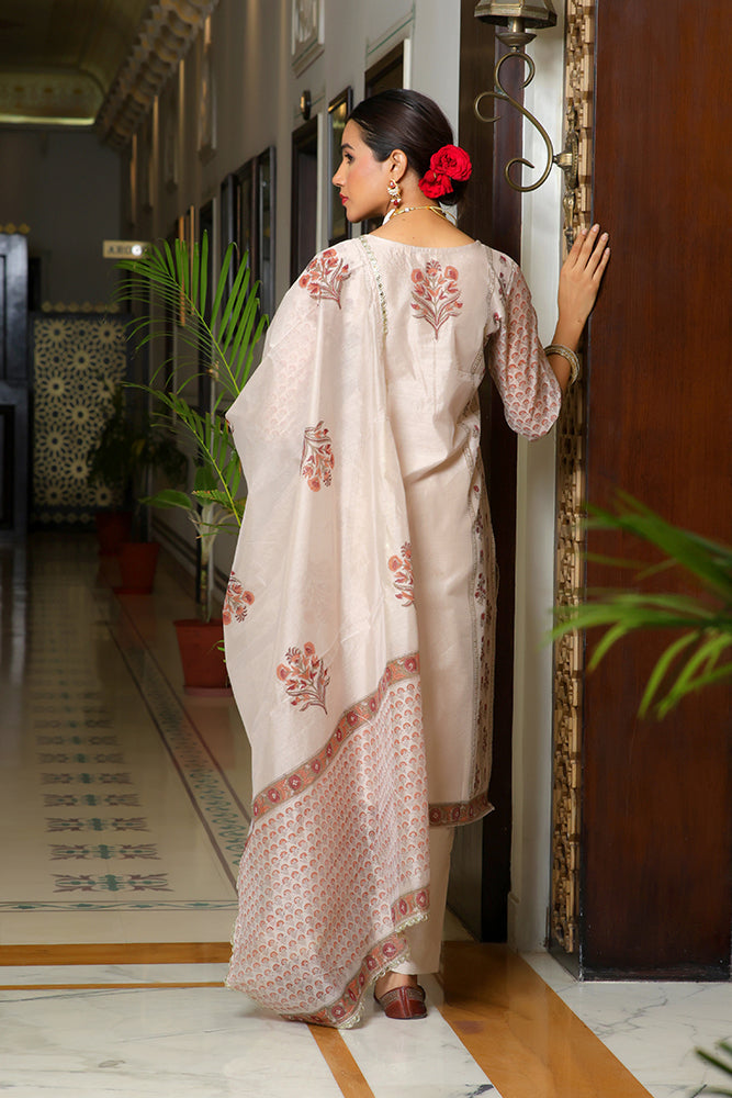 Women Grey Chanderi Block printed Embroidered kurta set with solid pants & dupatta