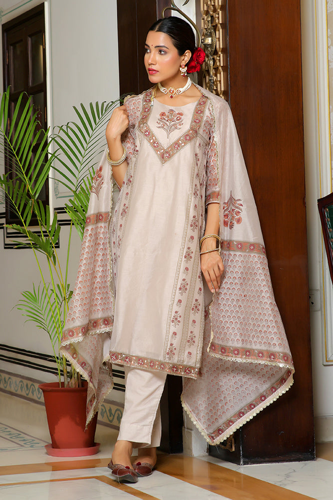Women Grey Chanderi Block printed Embroidered kurta set with solid pants & dupatta