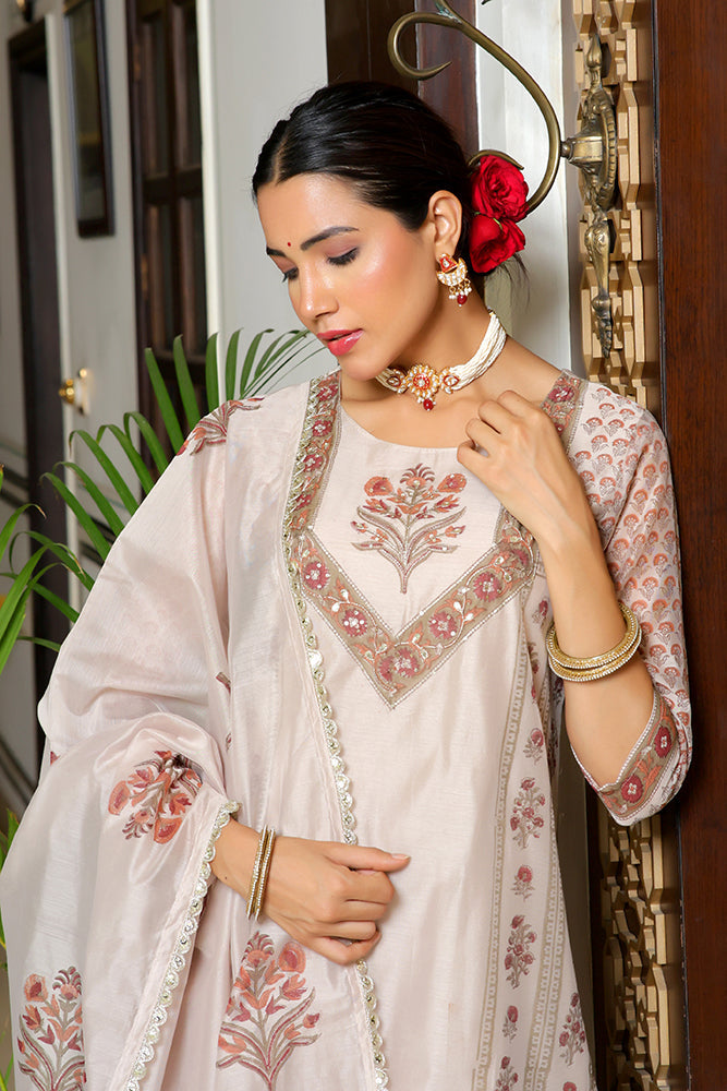 Women Grey Chanderi Block printed Embroidered kurta set with solid pants & dupatta