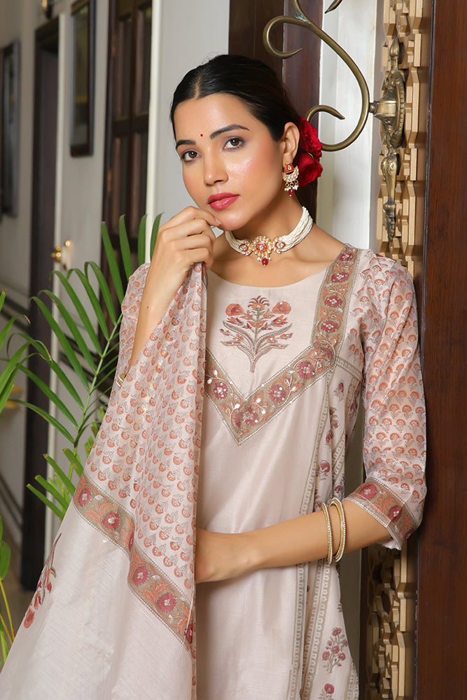 Women Grey Chanderi Block printed Embroidered kurta set with solid pants & dupatta