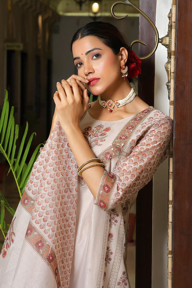 Women Grey Chanderi Block printed Embroidered kurta set with solid pants & dupatta