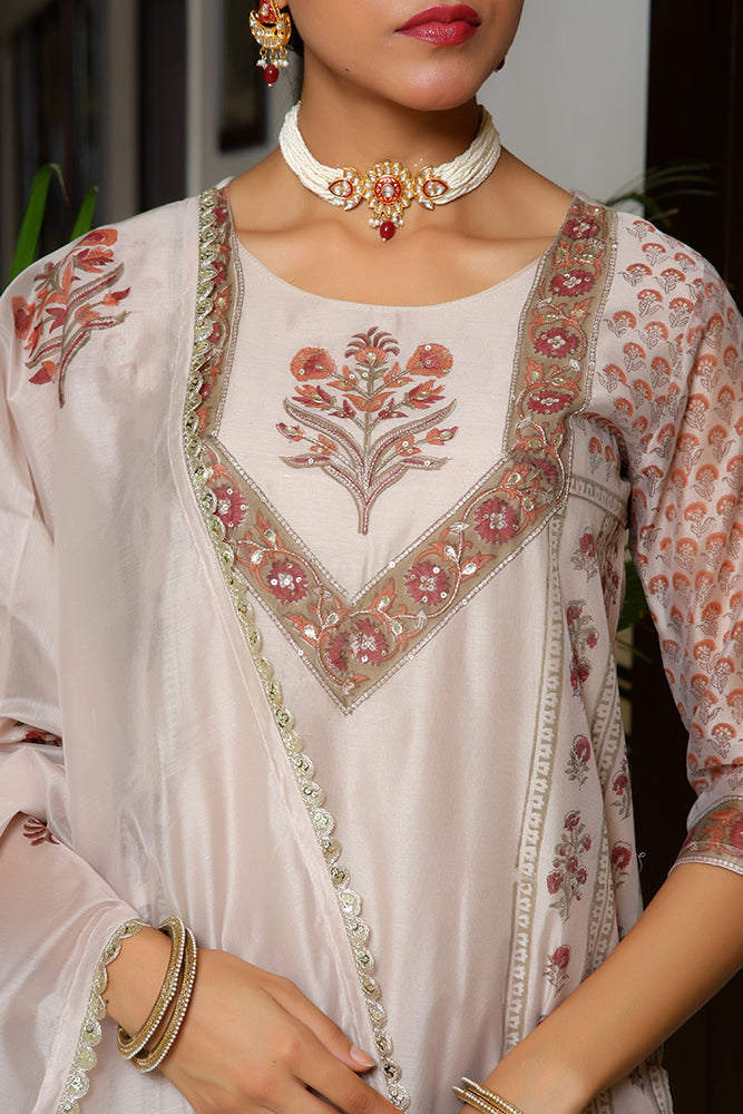 Women Grey Chanderi Block printed Embroidered kurta set with solid pants & dupatta