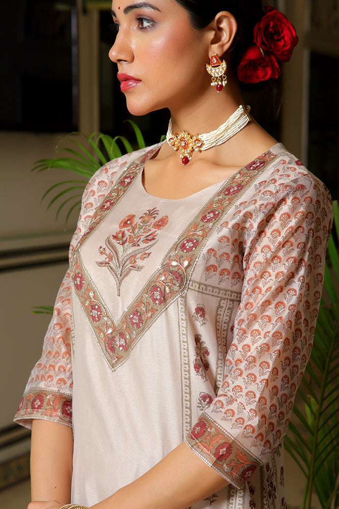 Women Grey Chanderi Block printed Embroidered kurta set with solid pants & dupatta