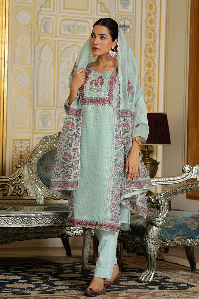 Women Teal Chanderi Block printed Embroidered kurta set with solid pants & dupatta