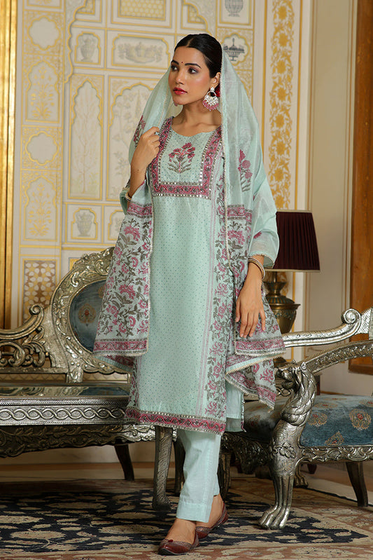 Women Teal Chanderi Block printed Embroidered kurta set with solid pants & dupatta