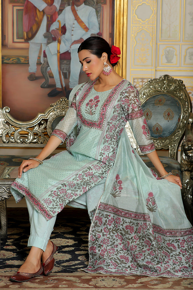 Women Teal Chanderi Block printed Embroidered kurta set with solid pants & dupatta