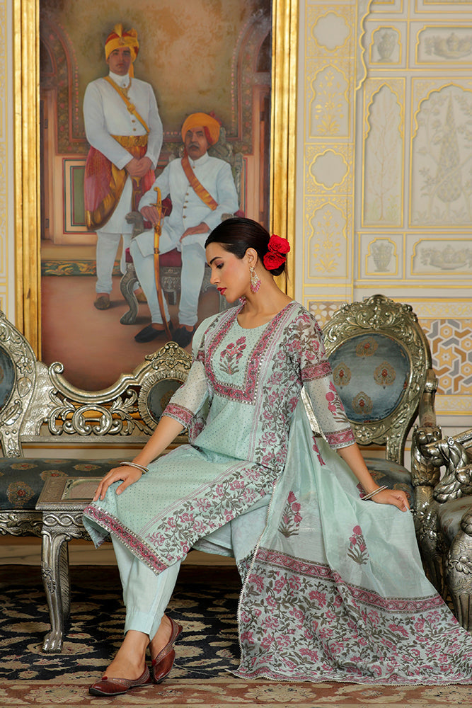 Women Teal Chanderi Block printed Embroidered kurta set with solid pants & dupatta