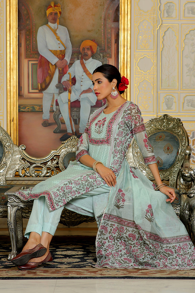 Women Teal Chanderi Block printed Embroidered kurta set with solid pants & dupatta