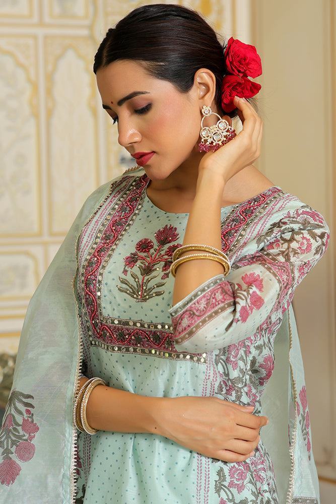 Women Teal Chanderi Block printed Embroidered kurta set with solid pants & dupatta