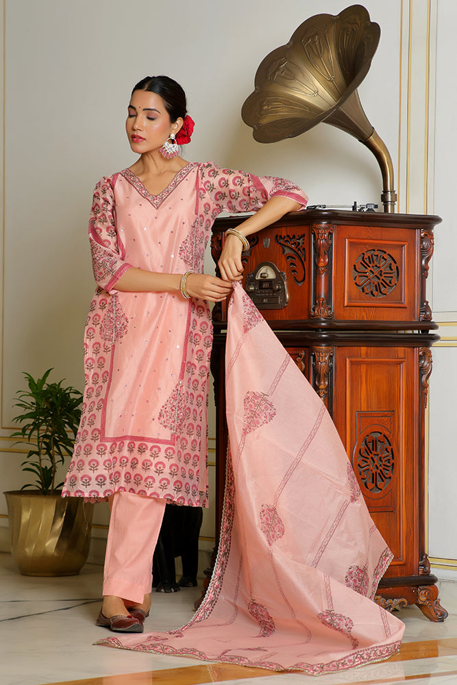 Women Orange Chanderi Block printed Embroidered kurta set with solid pants & dupatta