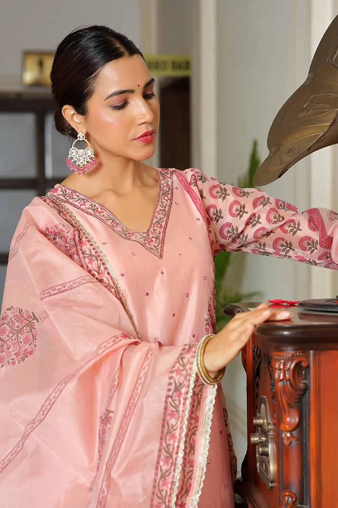 Women Orange Chanderi Block printed Embroidered kurta set with solid pants & dupatta