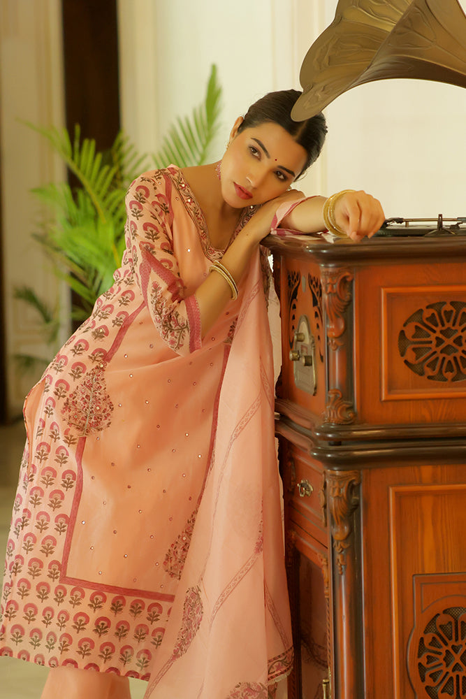 Women Orange Chanderi Block printed Embroidered kurta set with solid pants & dupatta