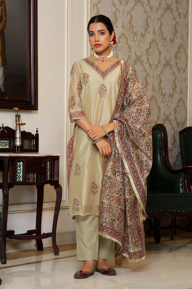 Women green Chanderi Block printed Embroidered kurta set with solid pants & dupatta