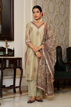 Women green Chanderi Block printed Embroidered kurta set with solid pants & dupatta