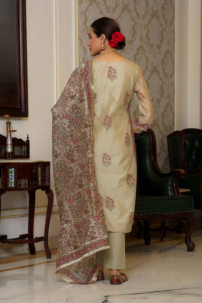 Women green Chanderi Block printed Embroidered kurta set with solid pants & dupatta