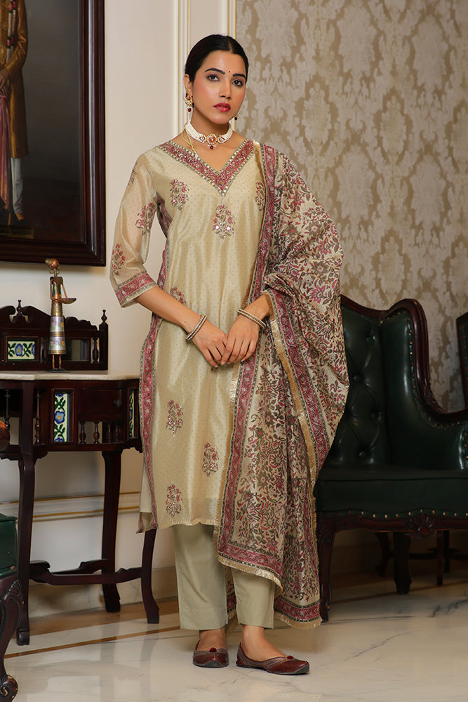 Women green Chanderi Block printed Embroidered kurta set with solid pants & dupatta