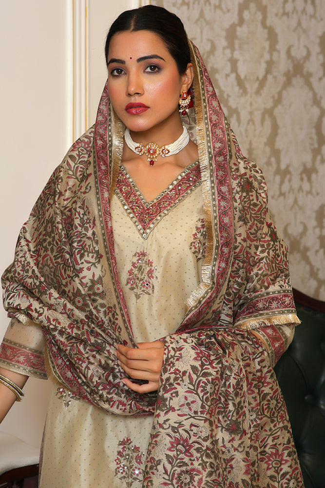 Women green Chanderi Block printed Embroidered kurta set with solid pants & dupatta