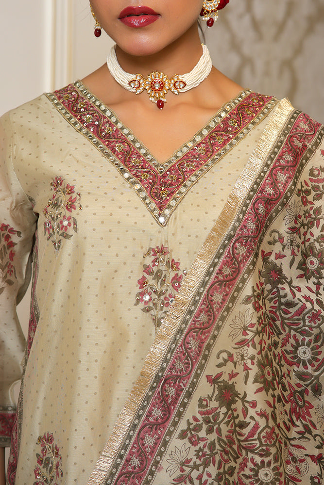 Women green Chanderi Block printed Embroidered kurta set with solid pants & dupatta