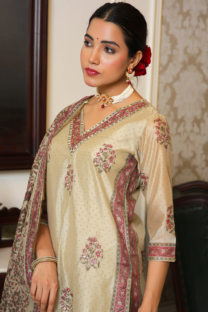 Women green Chanderi Block printed Embroidered kurta set with solid pants & dupatta