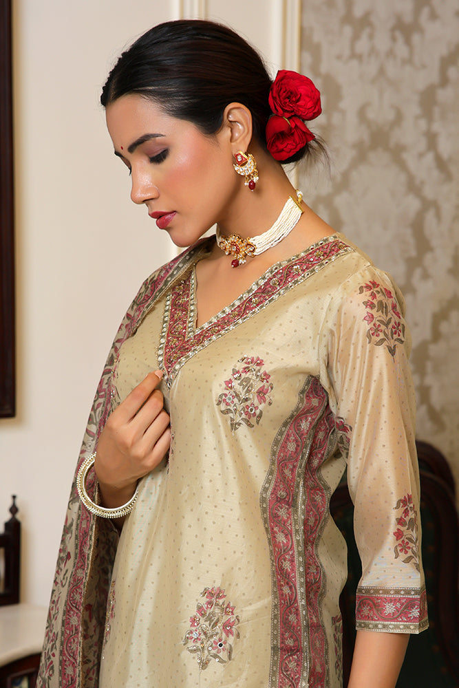 Women green Chanderi Block printed Embroidered kurta set with solid pants & dupatta