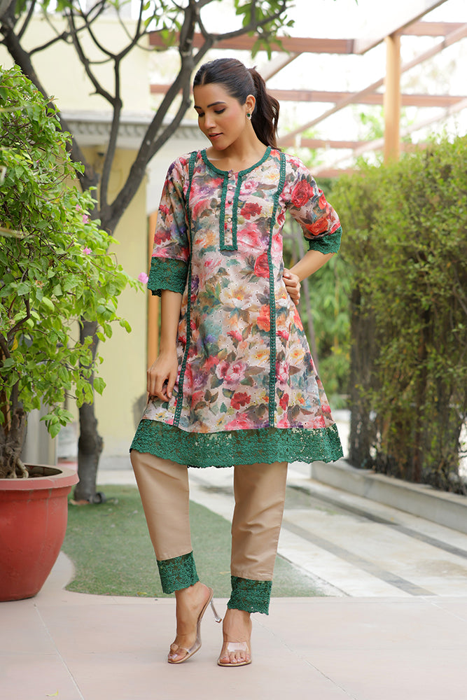 Women embroidered printed  kurta set with laced solid pants