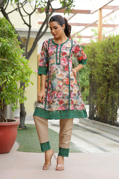Women embroidered printed  kurta set with laced solid pants