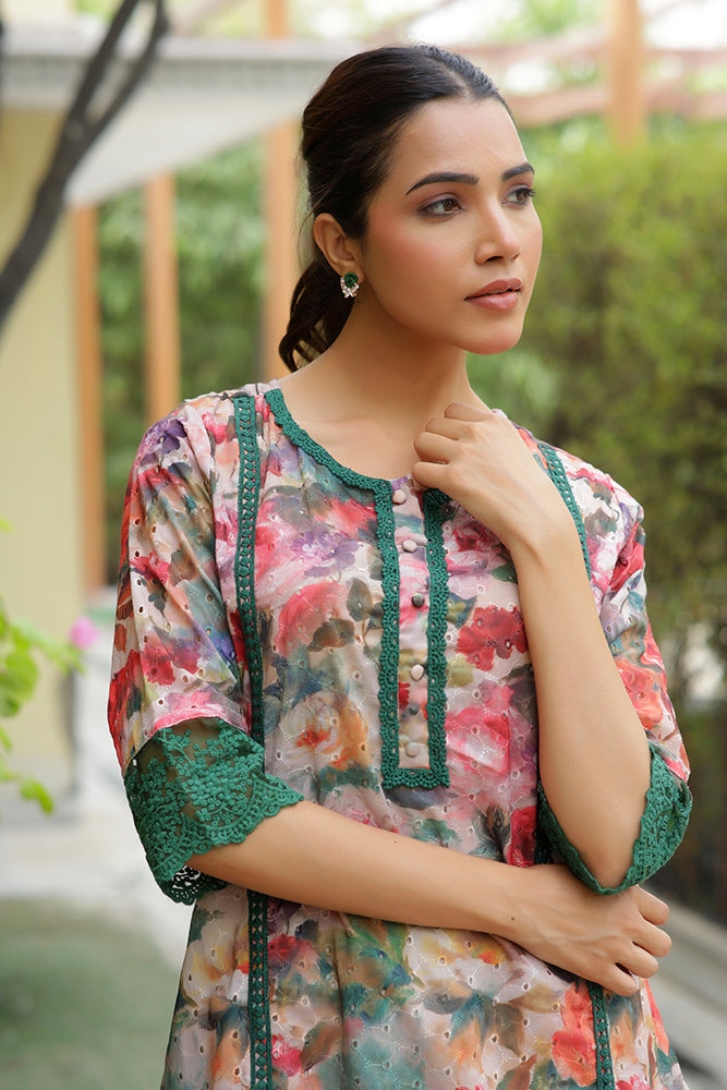 Women embroidered printed  kurta set with laced solid pants