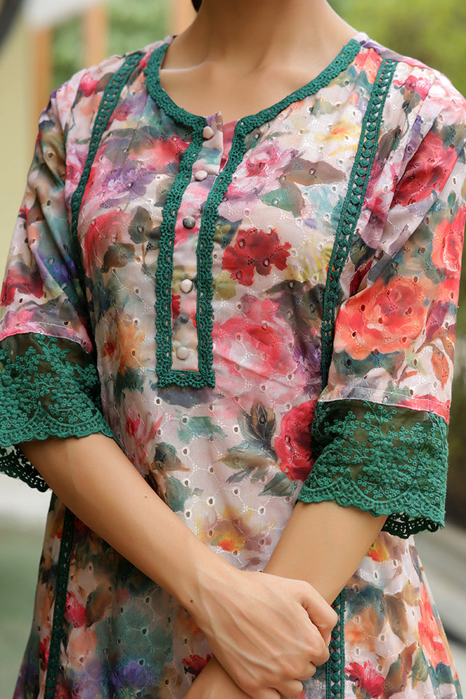 Women embroidered printed  kurta set with laced solid pants