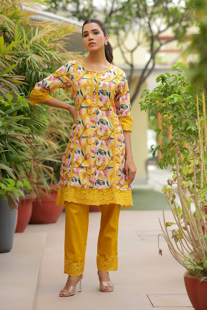 Women embroidered printed  kurta set with laced solid pants