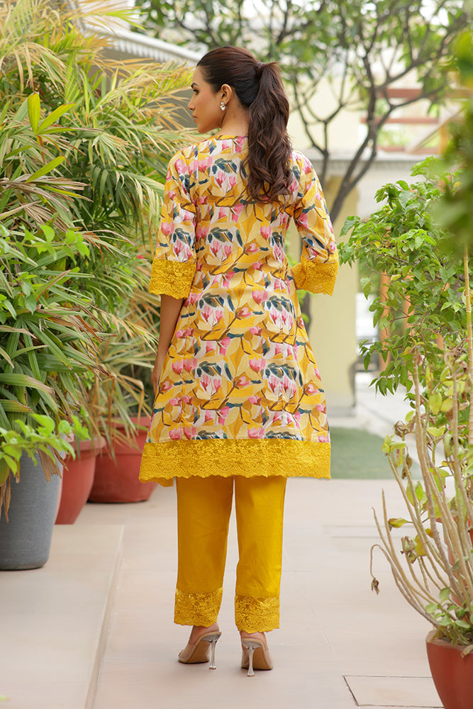 Women embroidered printed  kurta set with laced solid pants