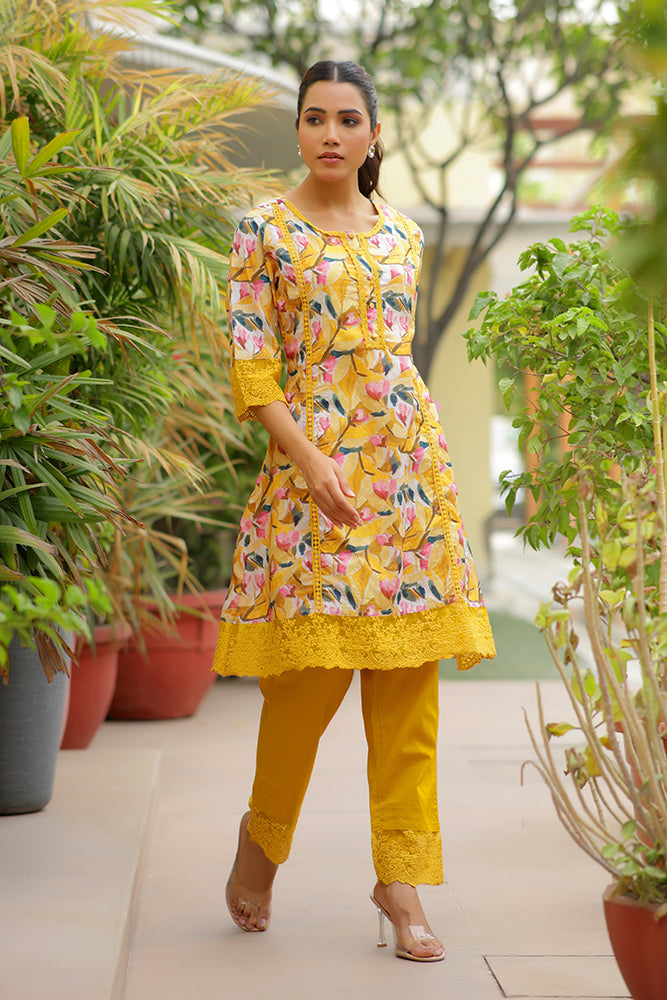 Women embroidered printed  kurta set with laced solid pants