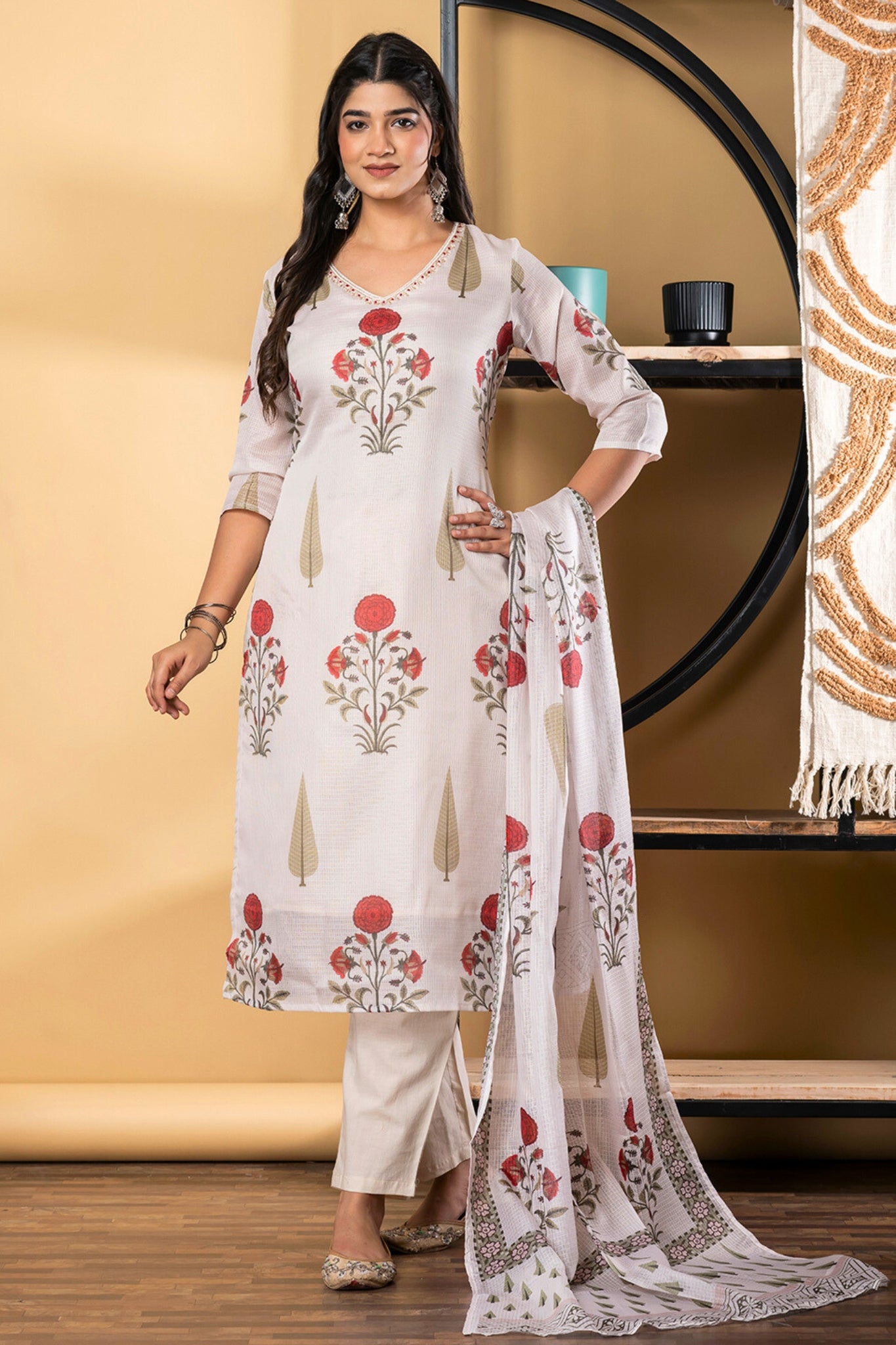 Poppy Whispers Kurta Set With Dupatta - White