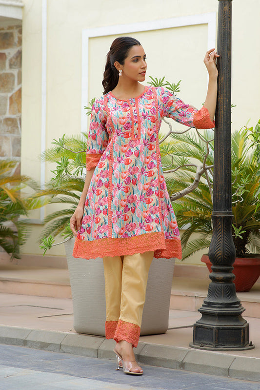 Women lemon embroidered printed  kurta set with laced solid pants