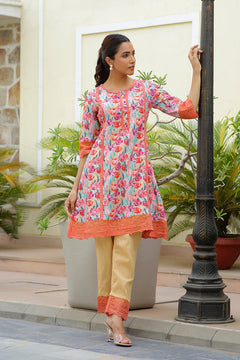 Women lemon embroidered printed  kurta set with laced solid pants