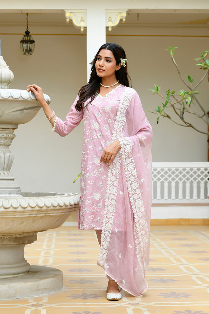 Women linen embroidered solid kurta set with solid pants & chiffon embroidered dupatta