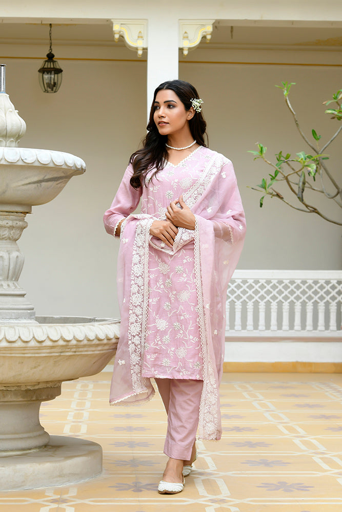 Women linen embroidered solid kurta set with solid pants & chiffon embroidered dupatta