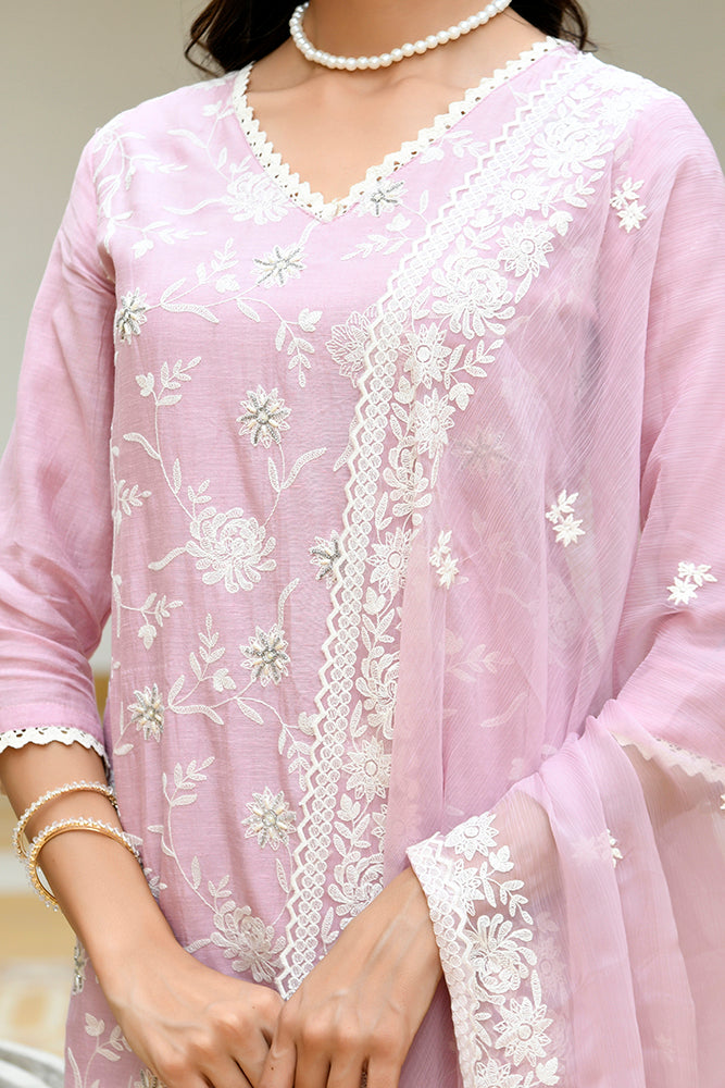 Women linen embroidered solid kurta set with solid pants & chiffon embroidered dupatta