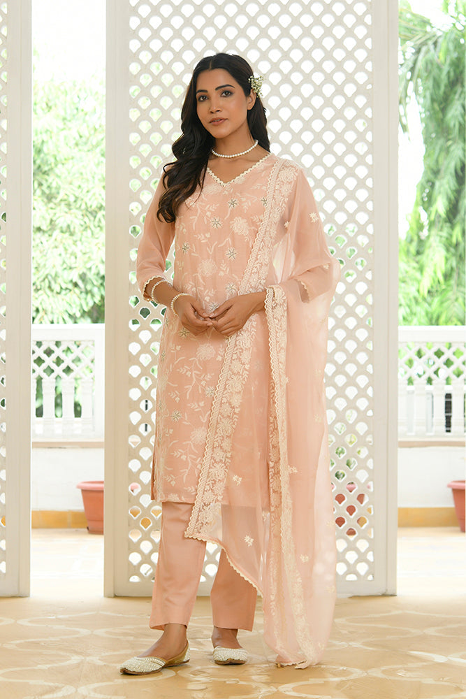 Women linen embroidered solid kurta set with solid pants & chiffon embroidered dupatta