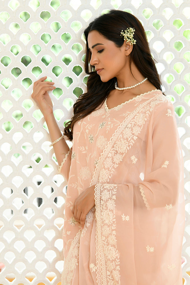 Women linen embroidered solid kurta set with solid pants & chiffon embroidered dupatta
